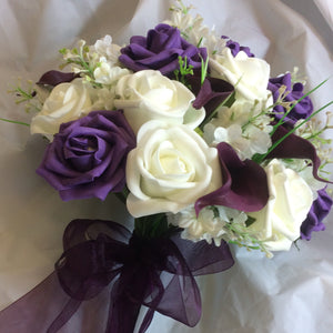 A Brides Bouquet of ivory & aubergine artificial Foam Roses & Calla Lilies