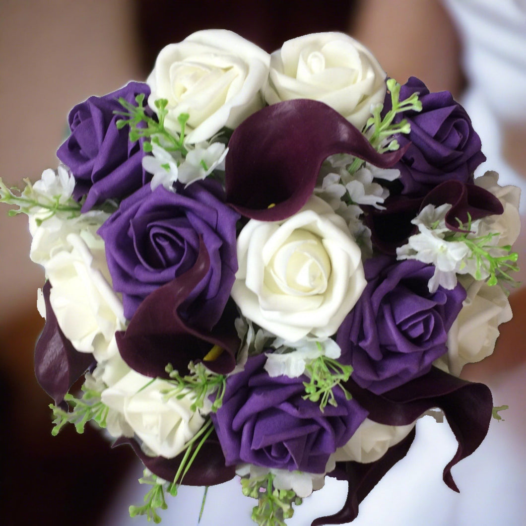 aubergine and ivory foam roses and calla lily wedding bouquet