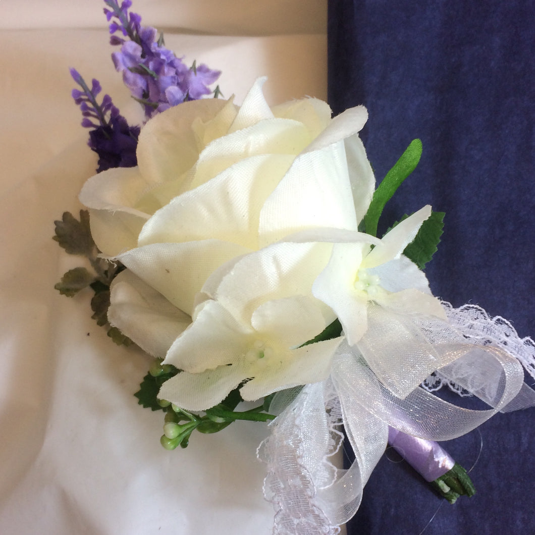 ivory rose and lavender wedding buttonhole