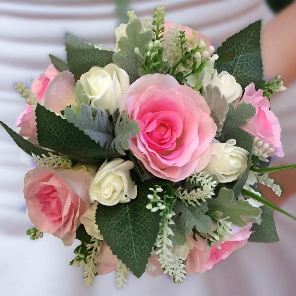 bridesmaids bouquet of pink roses and foliage