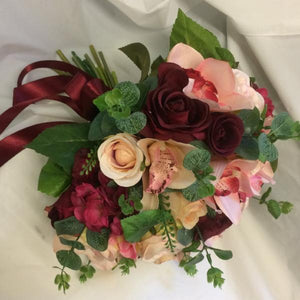 blush, burgundy, coral wedding flower bouquet