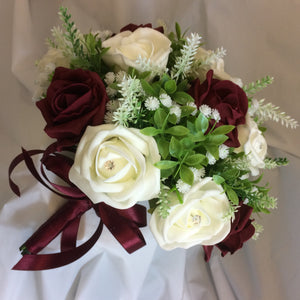 A wedding bouquet collection of burgundy & ivory foam roses