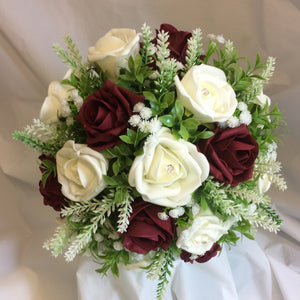 A wedding bouquet collection of burgundy & ivory foam roses