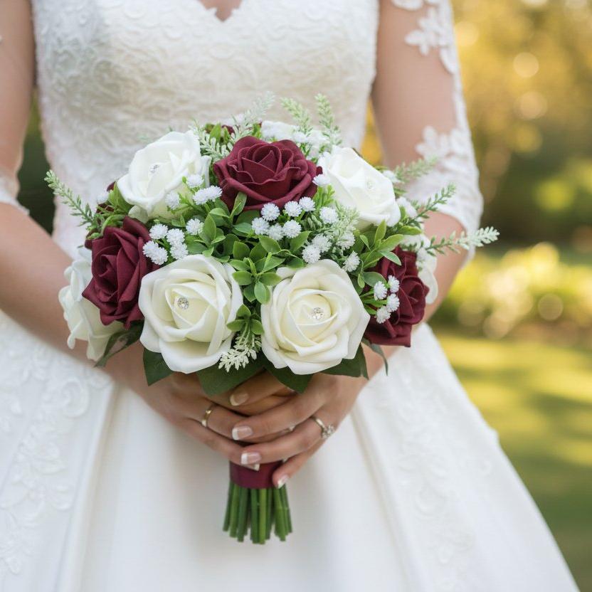 A wedding bouquet collection of burgundy & ivory foam roses – AbigailRose