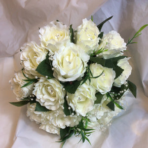 A wedding bouquet collection of silk ivory roses with diamante & pearls