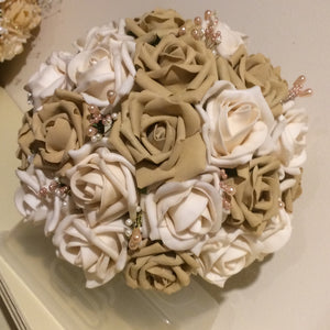 A wedding bouquet of coffee & latte foam roses & crystals