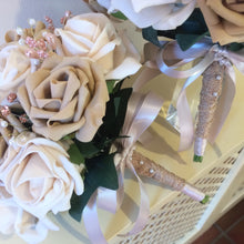 A wedding bouquet of coffee & latte foam roses & crystals