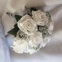 a wedding bouquet collection of white & silver grey foam roses