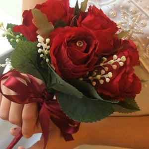 bridesmaids bouquet of red silk roses with diamante centres