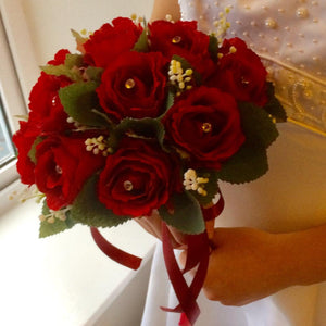 artificial wedding bouquet of dark red silk roses