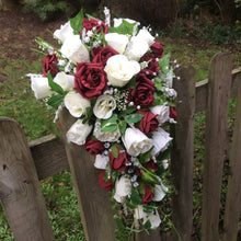 burgundy and ivory artificial teardrop bridal bouquet