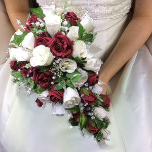 teardrop wedding bouquet of ivory and burgundy rose and crystals