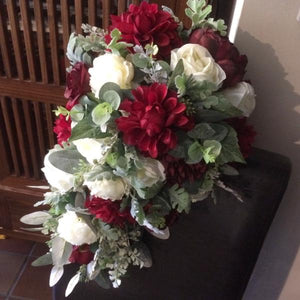 teardrop bouquet of burgundy & ivory dahlia roses peonies and ranunculus