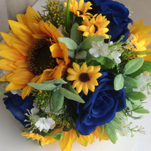 A collection of wedding bouquets featuring  sunflowers and either royal or navy blue roses