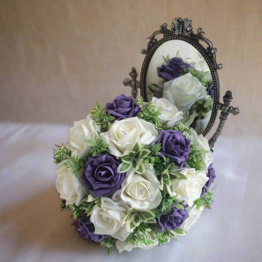 artificial wedding bouquet of purple and white foam roses
