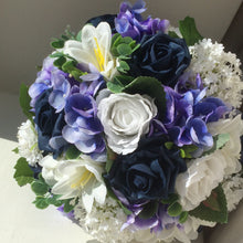 a blue and white artificial flower bouquet