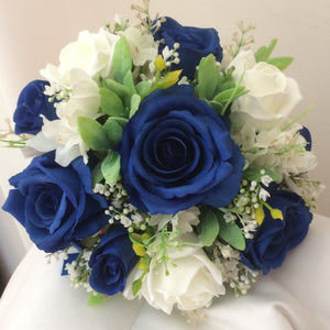 a wedding bouquet of royal blue silk and white foam roses