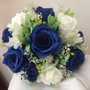 royal blue and ivory artificial roses feature in this handtied bouquet