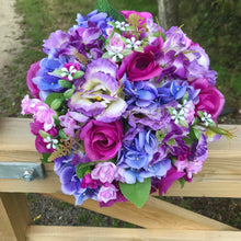 WEDDING BOUQUET of artificial blue violet and purple silk flowers