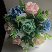 A wedding bouquet collection featuring foam roses and lilac