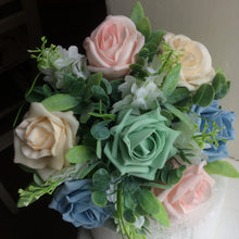 A wedding bouquet collection featuring foam roses and lilac
