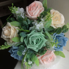 A wedding bouquet collection featuring foam roses and lilac