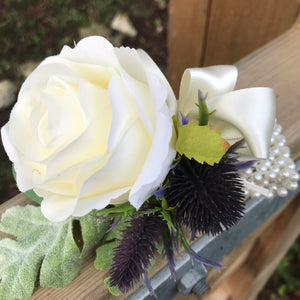 ladies wrist corsage - featuring an artificial silk rose and thistle head