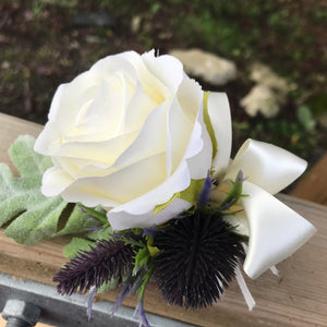 pin on corsage - featuring an artificial silk rose and thistle heads