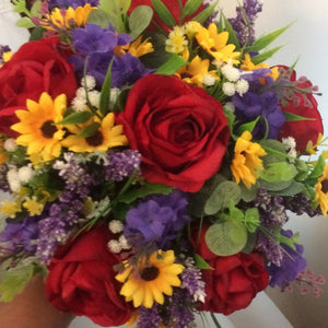 A bouquet collection featuring red, yellow and purple artificial silk flowers