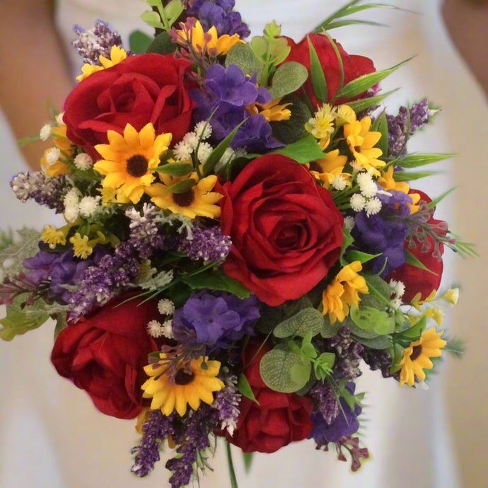 A bouquet collection featuring red, yellow and purple artificial silk flowers