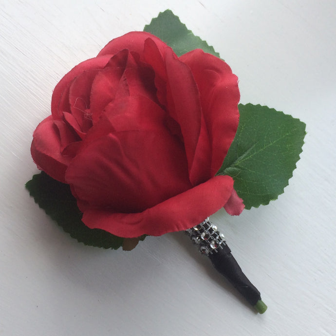 red rose buttonhole with diamante band