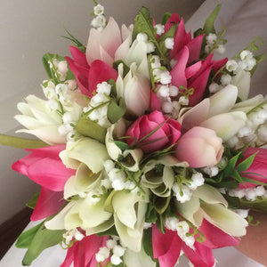 A Spring bouquet collection of ivory & pink silk tulip flowers