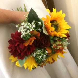 artificial sunflowers and dahlia wedding bouquet