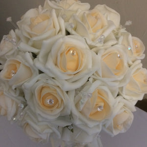 A collection of wedding bouquets featuring champagne blush foam rose with diamante