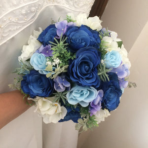 A wedding bouquet collection of artificial blue roses & hydrangea flowers