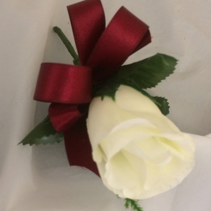 a single ivory silk rose buttonhole (choice of ribbon colour)