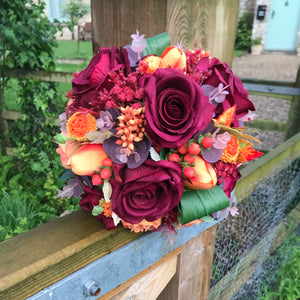burgundy and orange artificial wedding bouquet