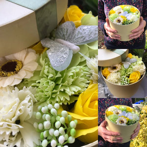 soap flowers in pearlescent hat box - yellow