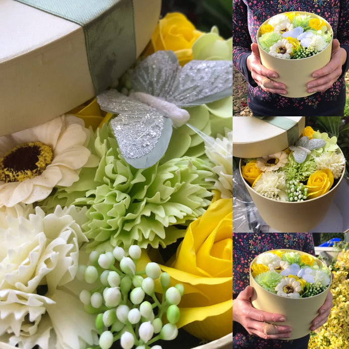 soap flowers in pearlescent hat box - yellow