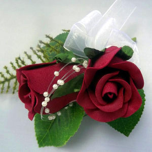 wedding buttonhole, two burgundy foam roses, pearl loops