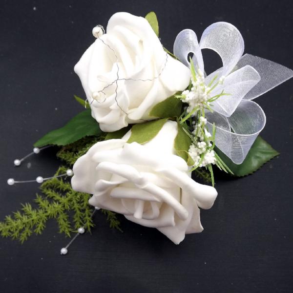 An artificial wedding corsage of two foam rose - choice of 35 colours