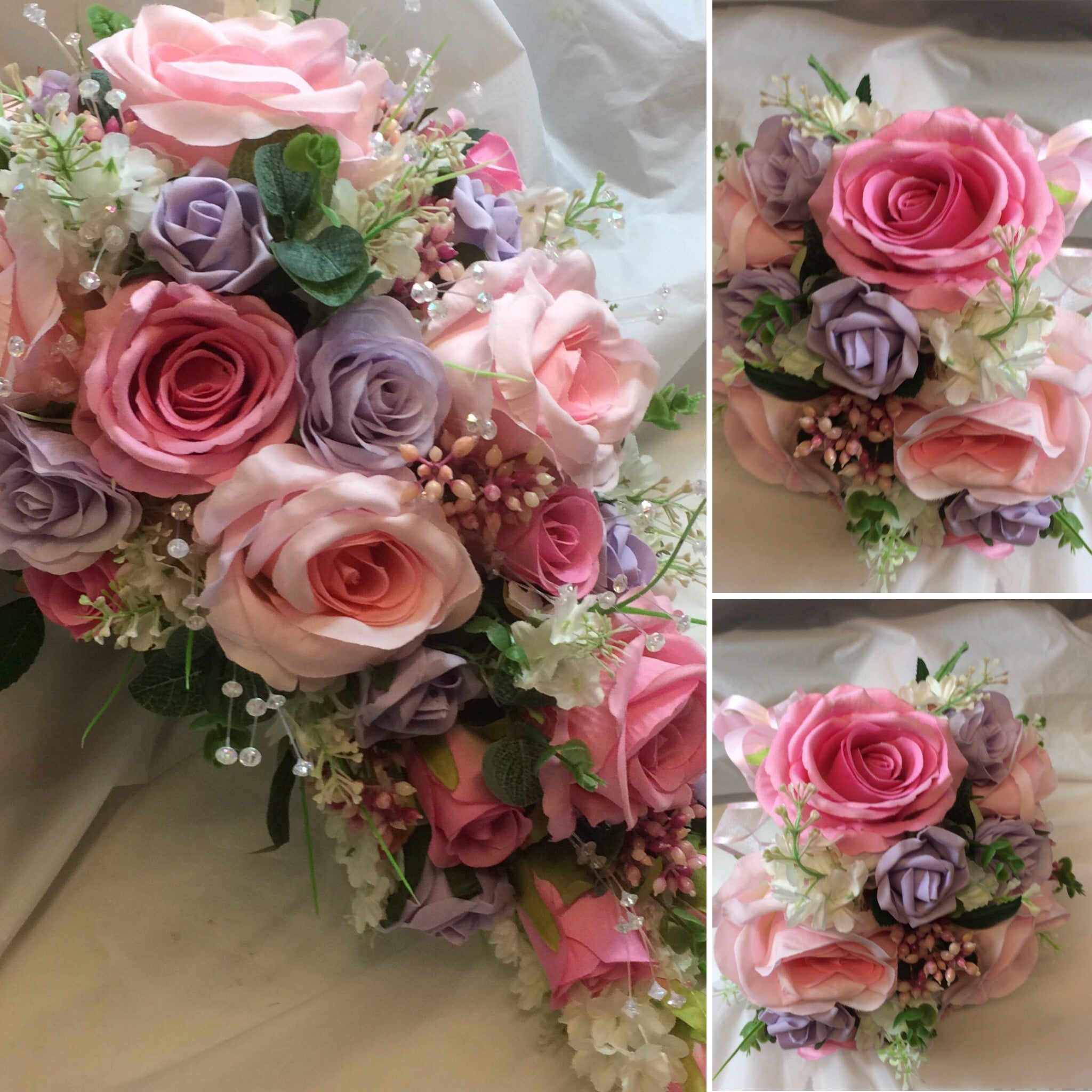 A wedding bouquet collection of pink and lilac roses & crystals