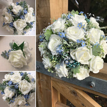 wedding bouquet of ivory roses and forget me nots