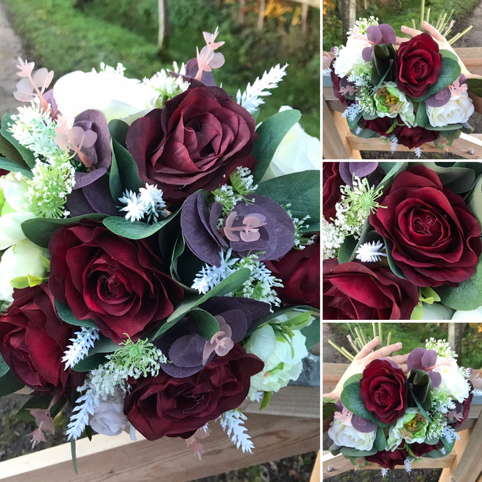 wedding bouquet of burgundy and ivory artificial roses