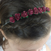 Flower Girl Headband, a metal alice band decorated with burgundy roses