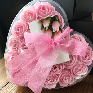 pink soap roses in heart box
