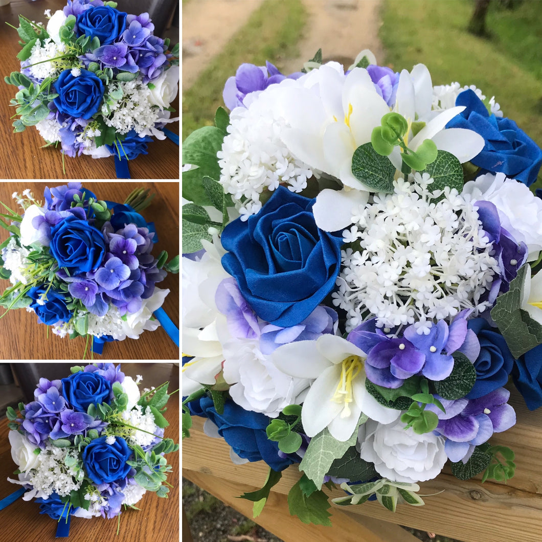 wedding bouquet featuring white and royal blue flowers