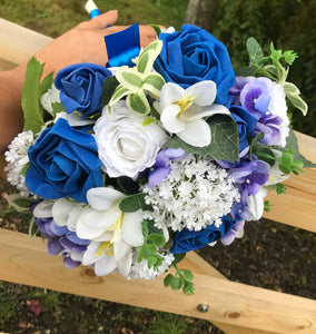 a wedding bouquet collection of royal blue or navy & white flowers