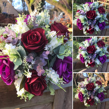 A wedding bouquet of artificial ivory & purple flowers