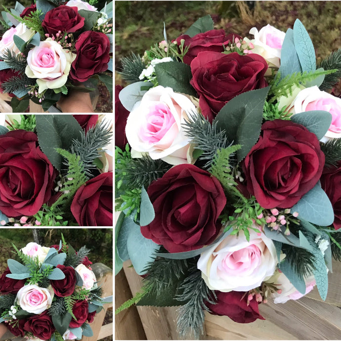 A Christmas bouquet of artificial pink and burgundy roses